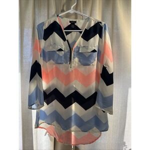 Rue 21 Tunic Top Small Sheer V-Neck‎ Zip Up White Pink Chevron Roll Tab Sleeves
